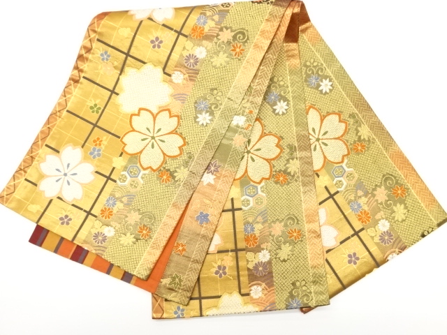  格子に花々・葉・古典柄模様織出し全通袋帯